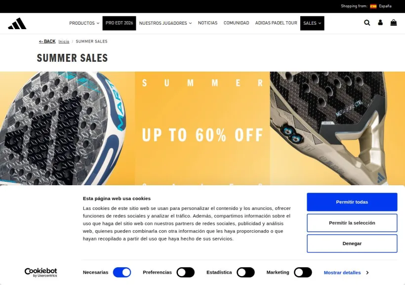 Schermata della pagina offerta di adidas Padel