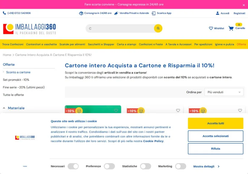Schermata della pagina offerta di Imballaggi 360