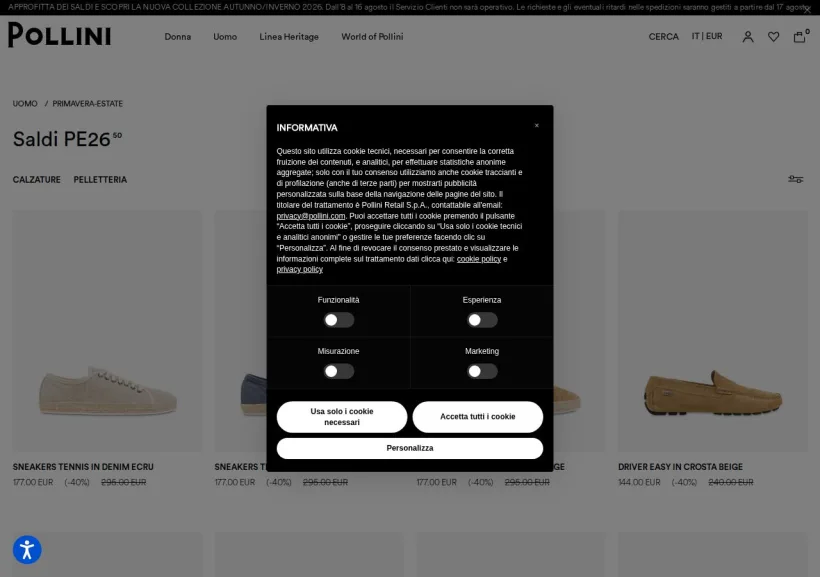 Schermata della pagina offerta di POLLINI