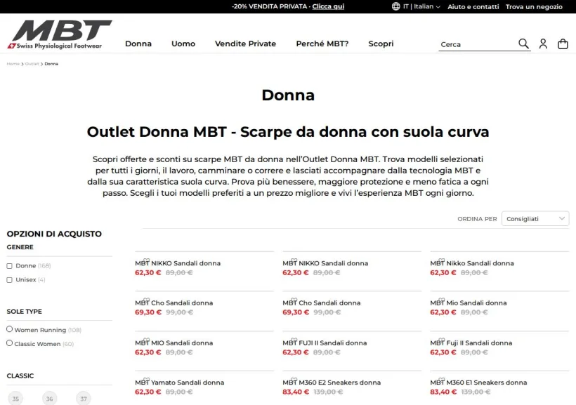 Schermata della pagina offerta di MBT