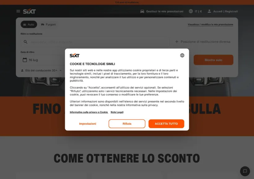Schermata della pagina offerta di Sixt