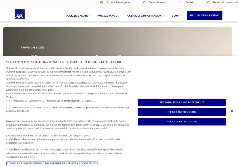 Schermata della pagina offerta di AXA Travel Insurance