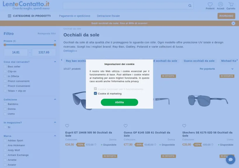 Schermata della pagina offerta di LenteContatto