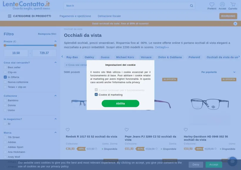 Schermata della pagina offerta di LenteContatto