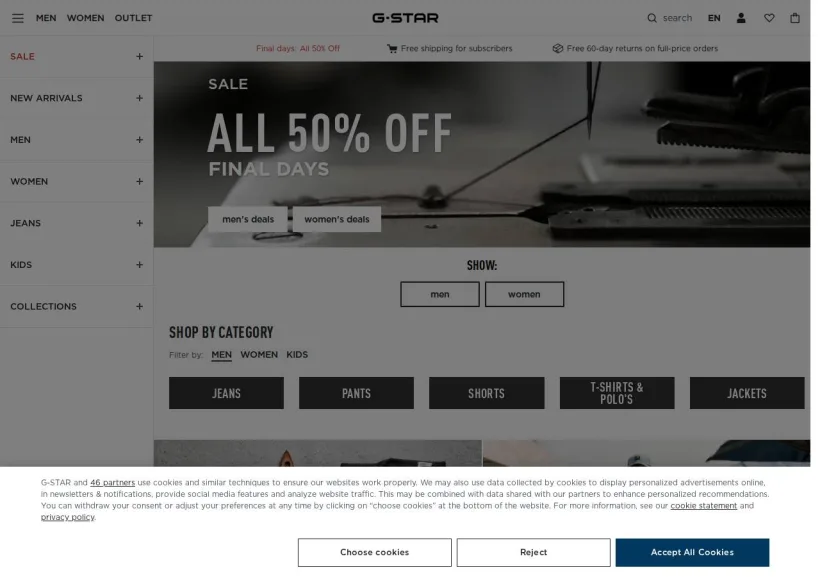 Schermata della pagina offerta di G-Star