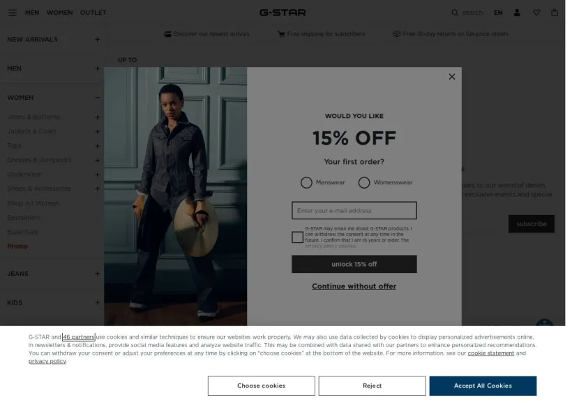 Schermata della pagina offerta di G-Star