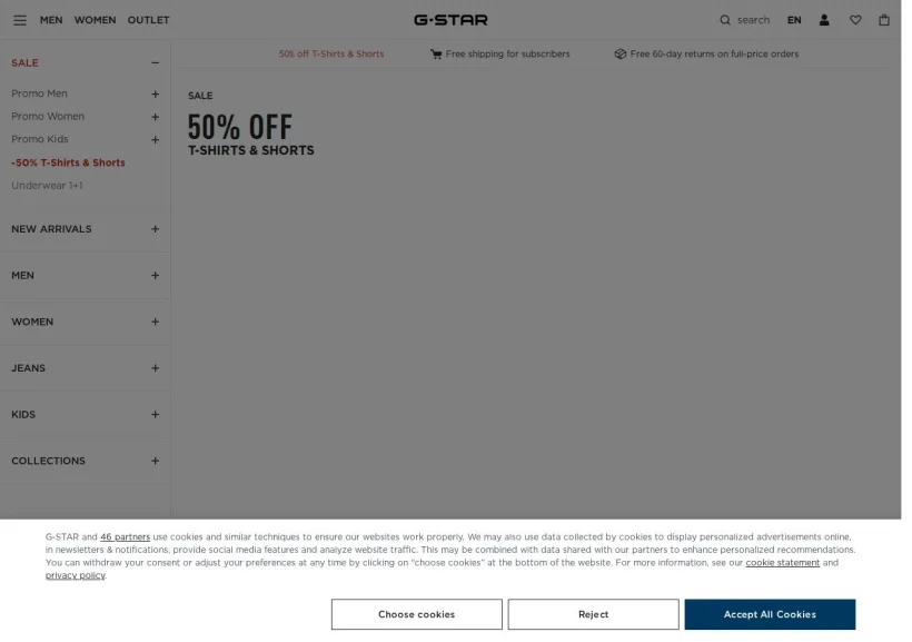 Schermata della pagina offerta di G-Star