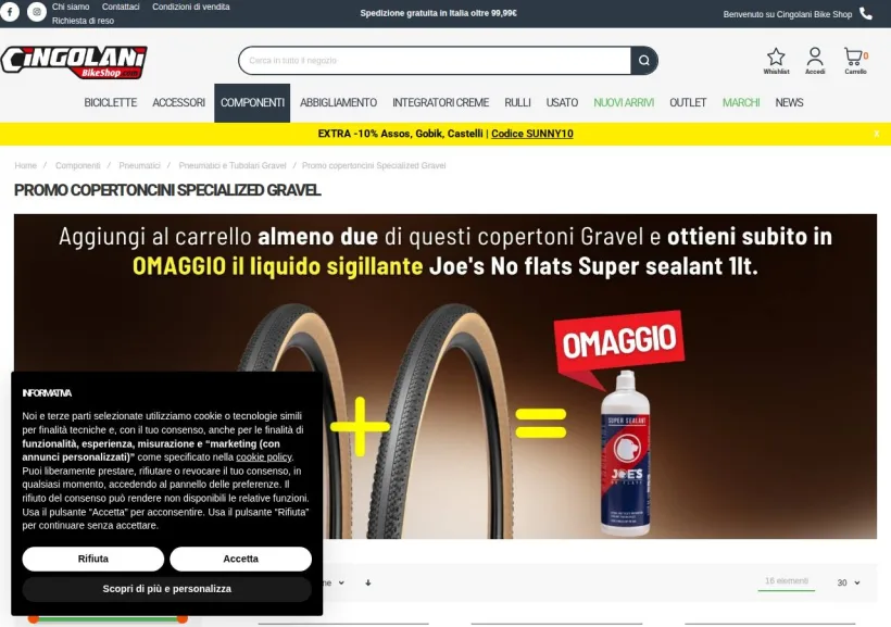 Schermata della pagina offerta di Cingolani Bike Shop