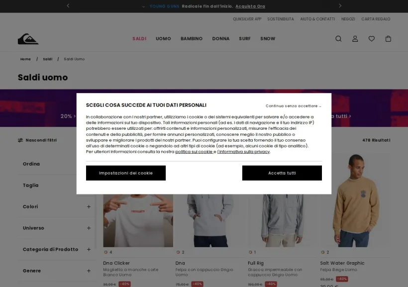 Schermata della pagina offerta di Quiksilver 