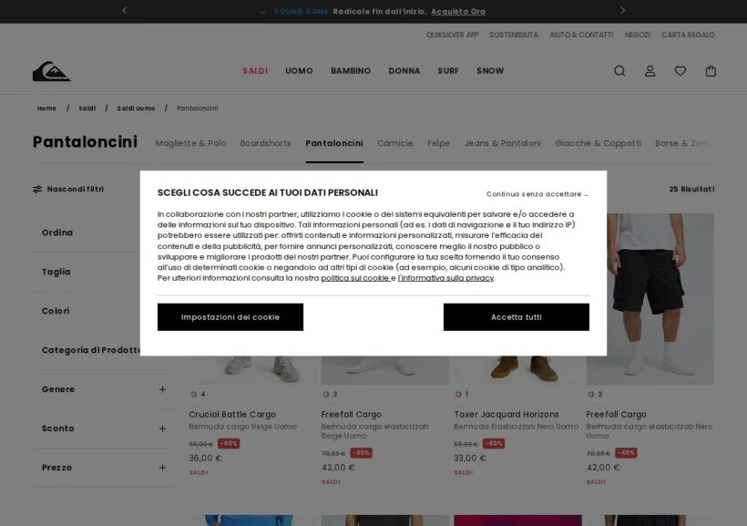Schermata della pagina offerta di Quiksilver 