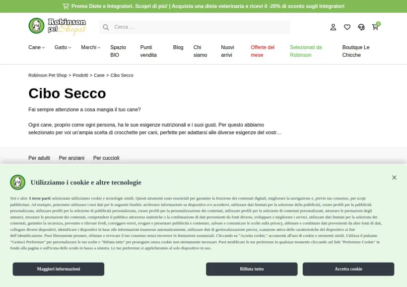Schermata della pagina offerta di Robinson Pet Shop