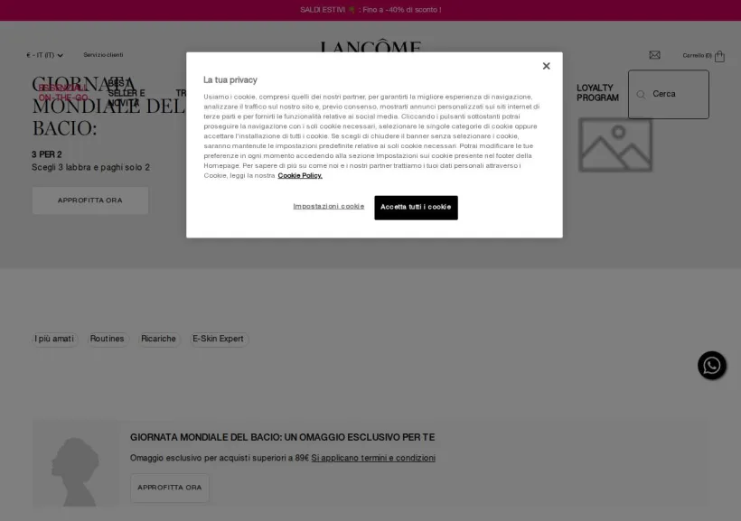 Schermata della pagina offerta di Lancome 