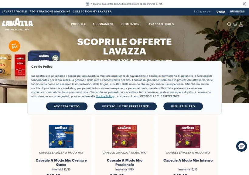 Schermata della pagina offerta di Lavazza