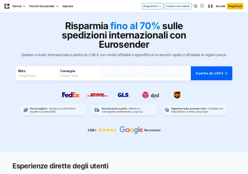 Schermata della pagina offerta di Eurosender.com