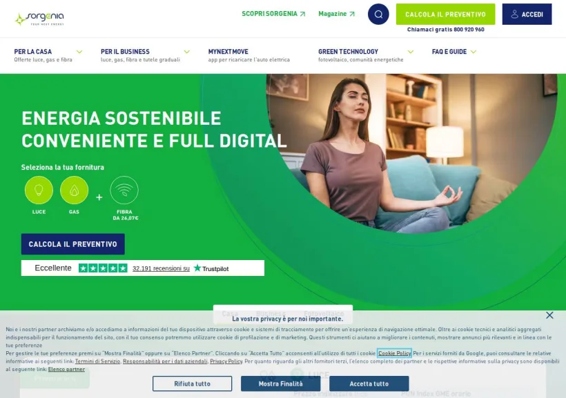 Schermata della pagina offerta di Sorgenia