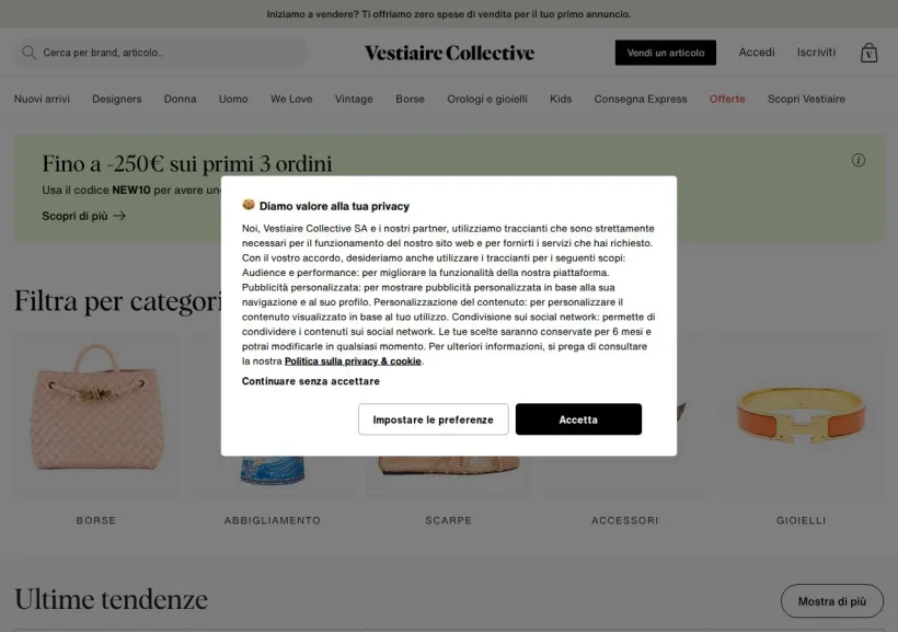 Schermata della pagina offerta di Vestiaire Collective