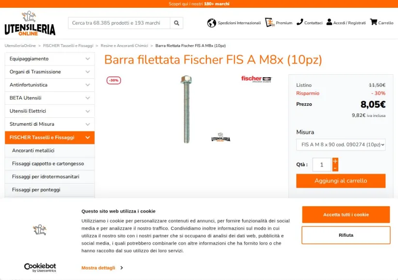 Schermata della pagina offerta di Utensileria Online