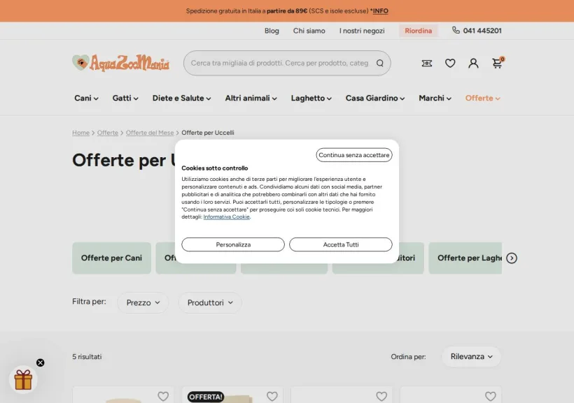 Schermata della pagina offerta di AquaZooMania