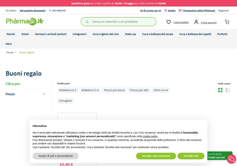 Schermata della pagina offerta di Pharmasi