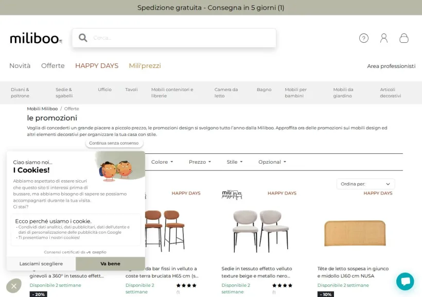 Schermata della pagina offerta di Miliboo