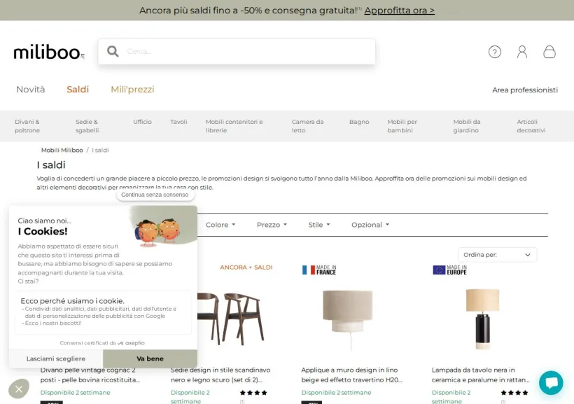 Schermata della pagina offerta di Miliboo