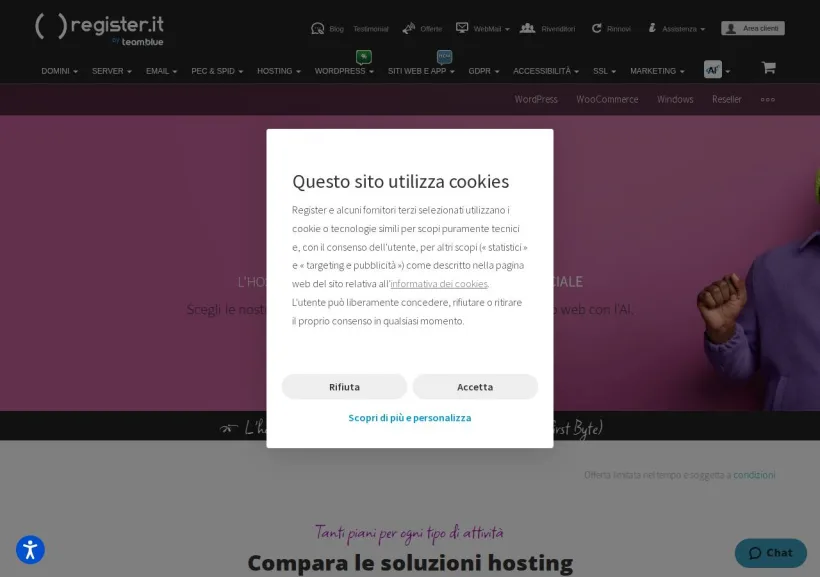 Schermata della pagina offerta di Register