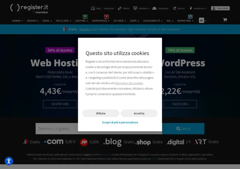 Schermata della pagina offerta di Register