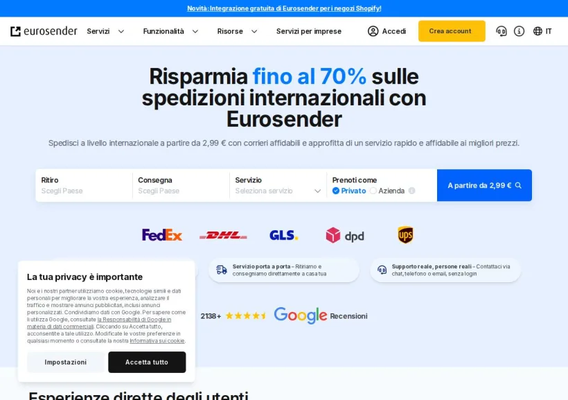 Schermata della pagina offerta di Eurosender.com