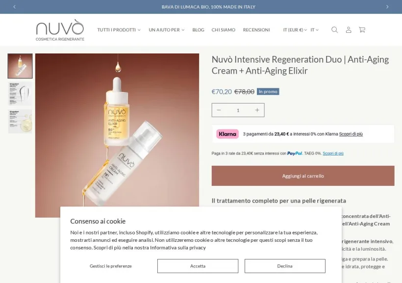 Schermata della pagina offerta di Nuvò Cosmetic