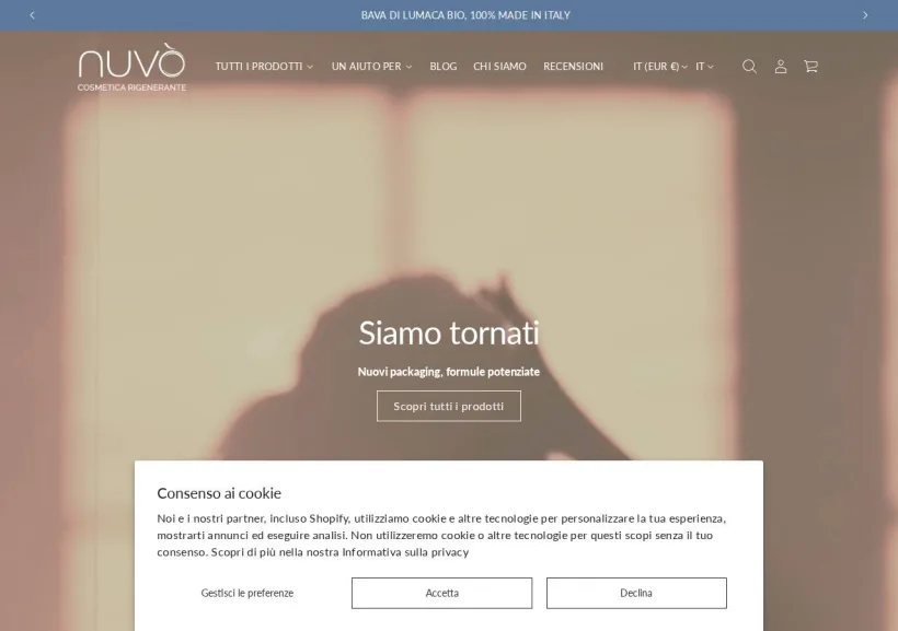 Schermata della pagina offerta di Nuvò Cosmetic