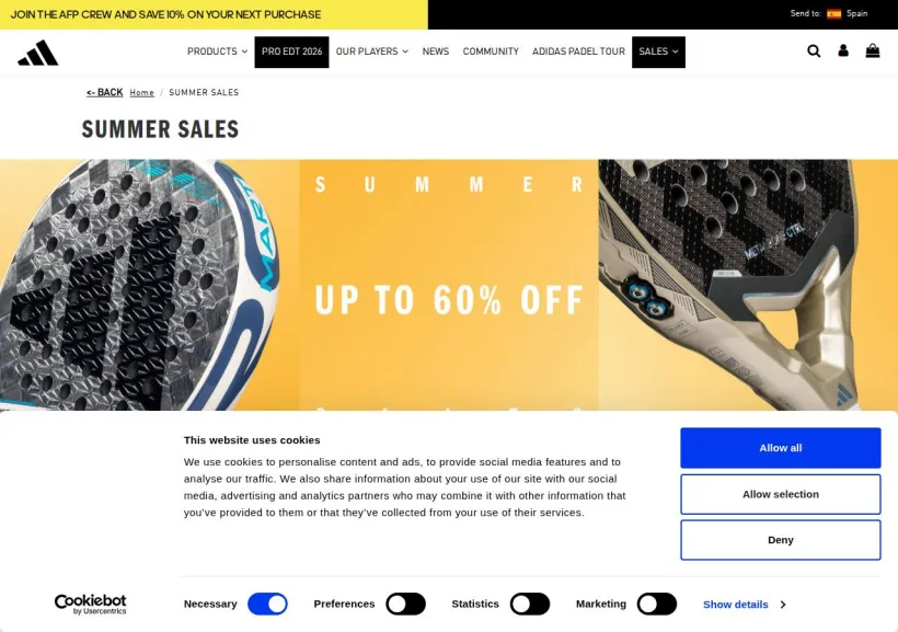 Schermata della pagina offerta di adidas Padel