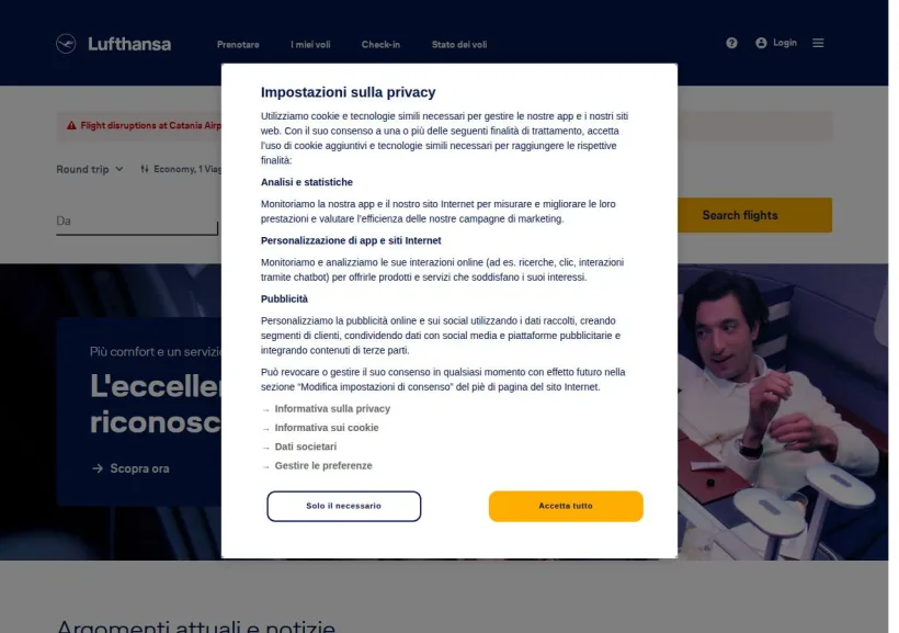 Schermata della pagina offerta di Lufthansa