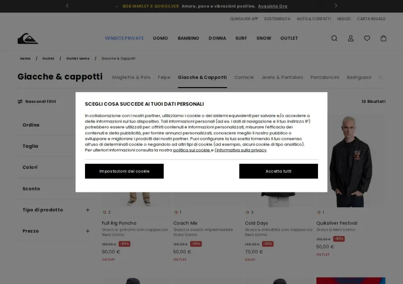 Schermata della pagina offerta di Quiksilver 