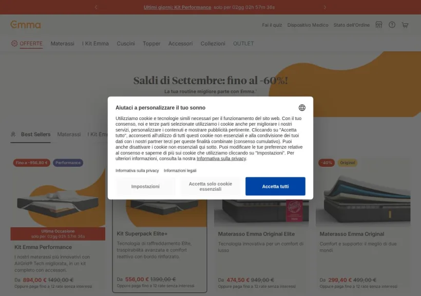 Schermata della pagina offerta di Emma Mattress