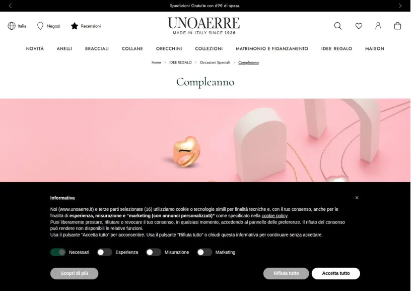 Schermata della pagina offerta di Unoaerre
