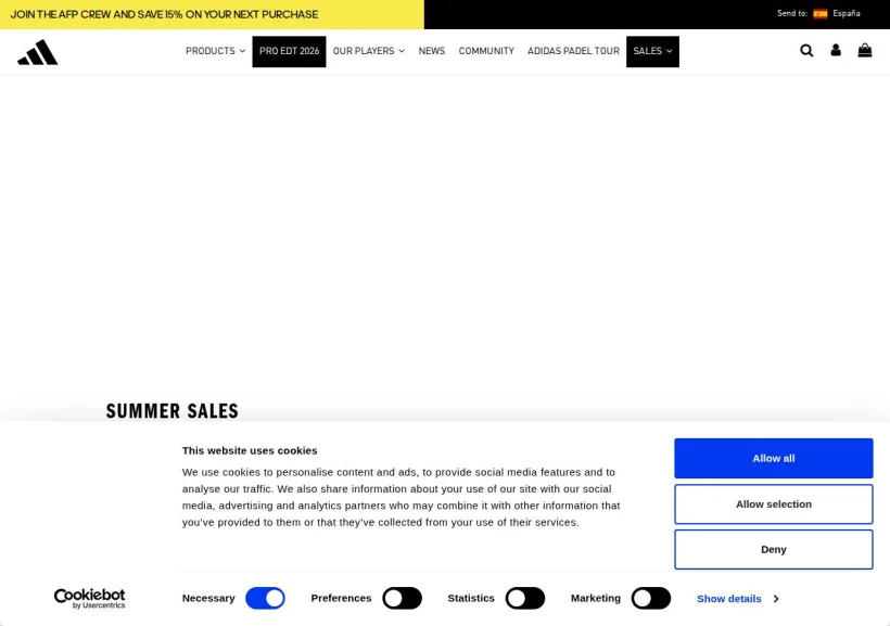 Schermata della pagina offerta di adidas Padel
