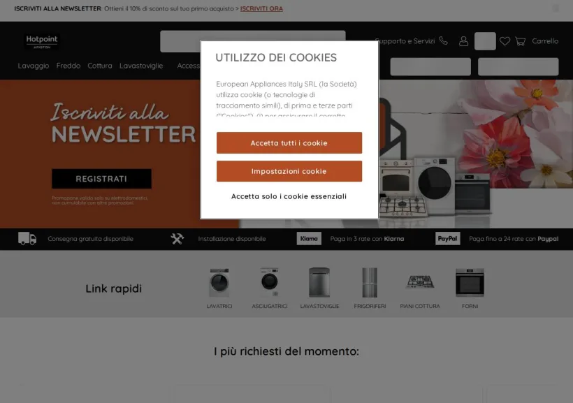 Schermata della pagina offerta di Hotpoint