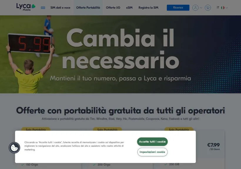 Schermata della pagina offerta di Lycamobile