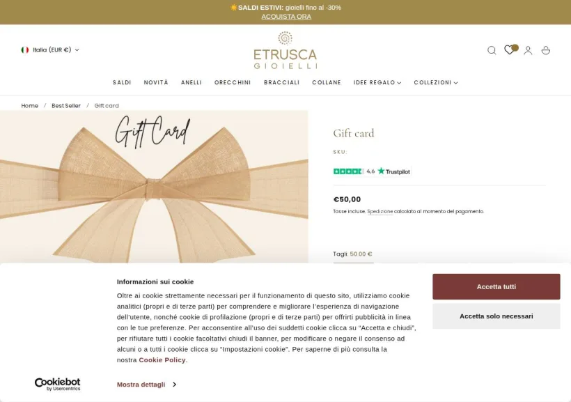 Schermata della pagina offerta di Etrusca Gioielli