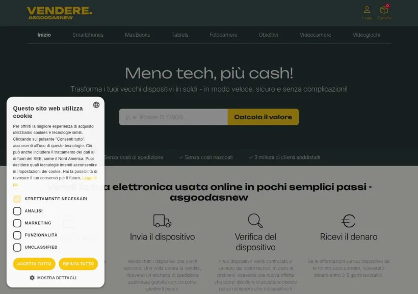 Schermata della pagina offerta di Vendere.Asgoodasnew