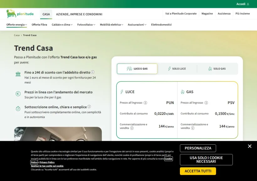 Schermata della pagina offerta di Eni Plenitude
