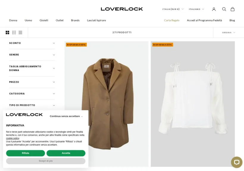 Schermata della pagina offerta di Loverlock boutique on line