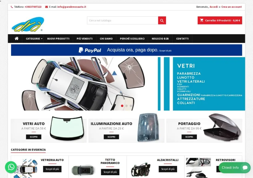 Schermata della pagina offerta di Parabrezzauto Ricambi Automotive