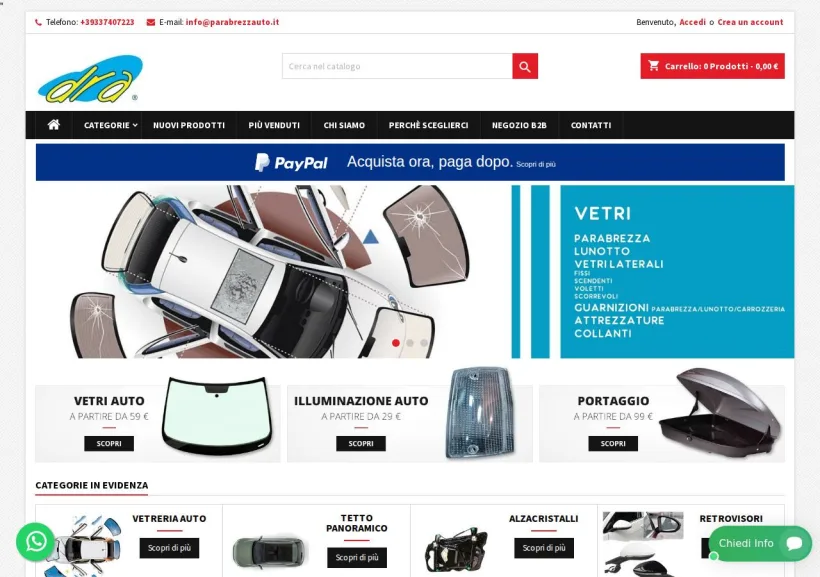 Schermata della pagina offerta di Parabrezzauto Ricambi Automotive
