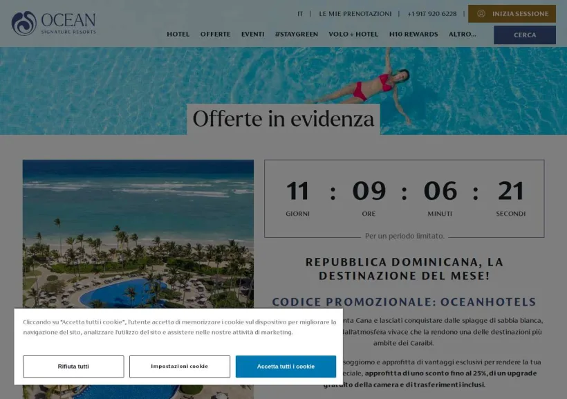 Schermata della pagina offerta di Ocean Hotels