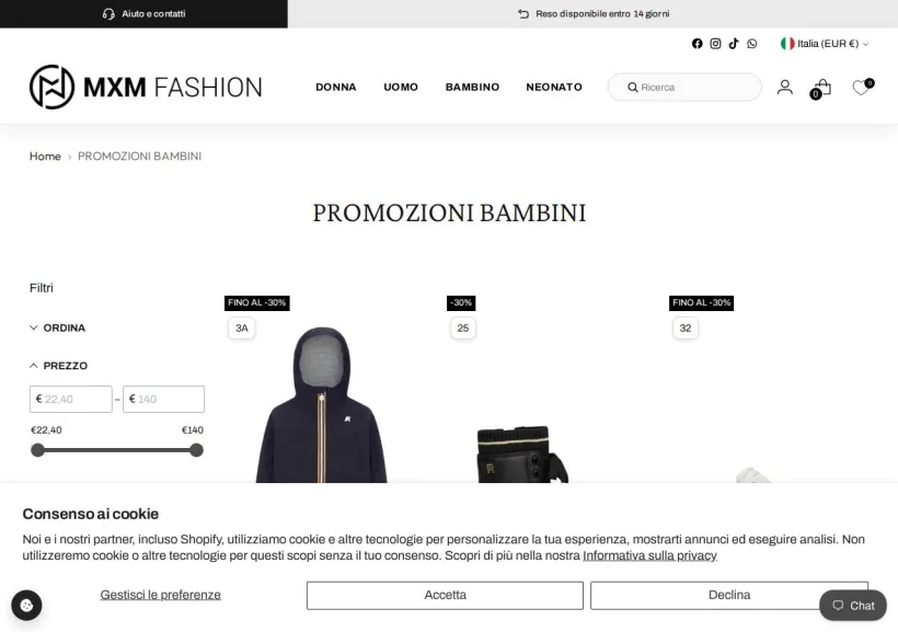 Schermata della pagina offerta di MXM Fashion