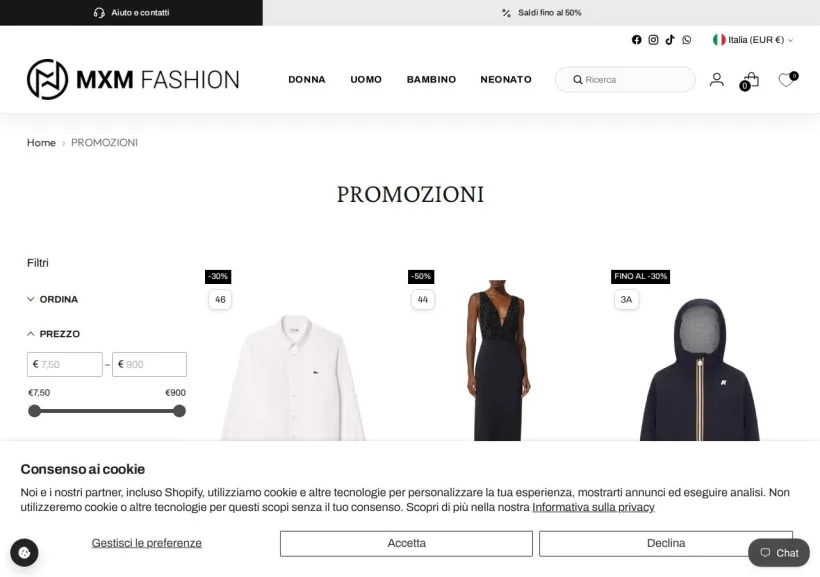 Schermata della pagina offerta di MXM Fashion