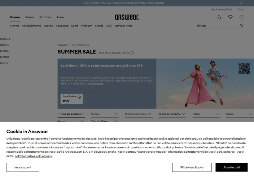 Schermata della pagina offerta di Answear