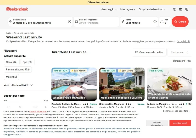 Schermata della pagina offerta di Weekendesk