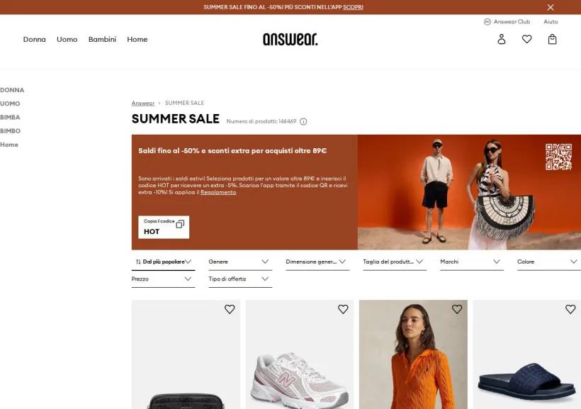 Schermata della pagina offerta di Answear